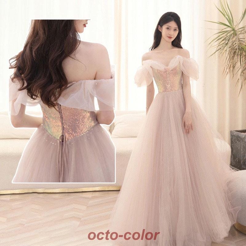 オフショルダー エンパイア 可愛いスパンコール パフスリーブ チュール パーティードレス 細身 ワンピース レディースドレス 花嫁ロングドレスHA11
