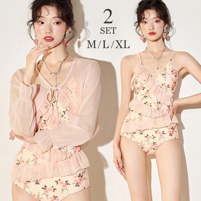 高級タイプの水着 水着 夏 レディース ワンピース 春 体型カバー ワンピース 春水着 夏 花柄 フラワー シアー カーディガン カバーアップ フリル ワイヤーなし