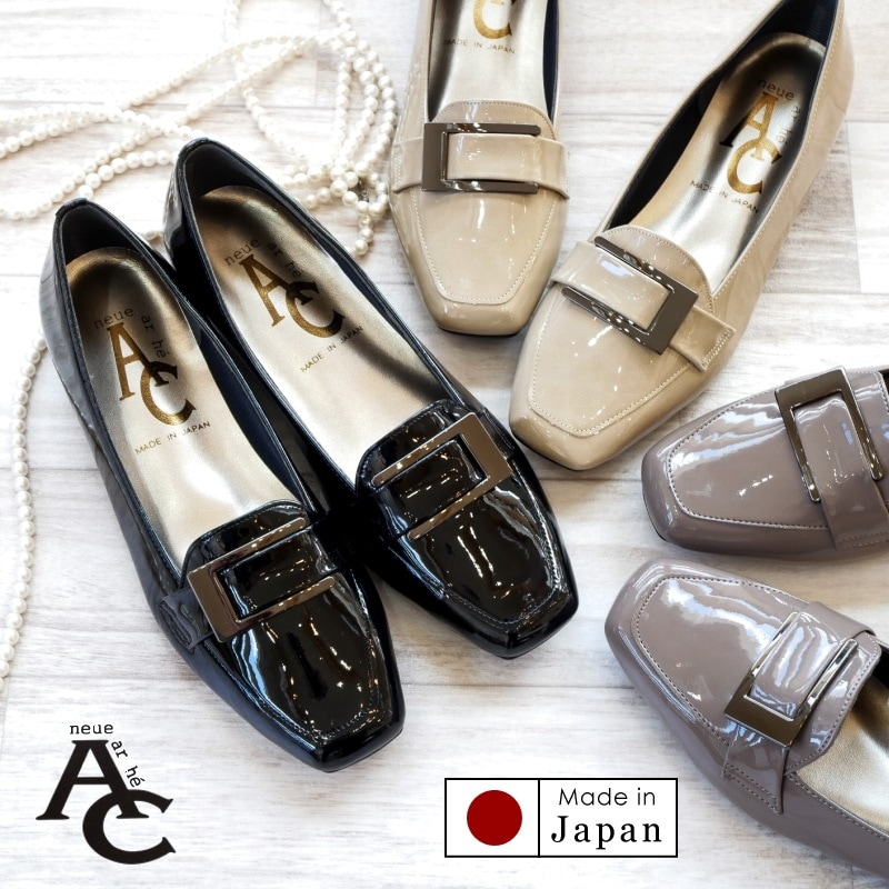 AC 日本製 パンプス エナメル スクエアトゥ バックル ローヒール 仕事 3e
