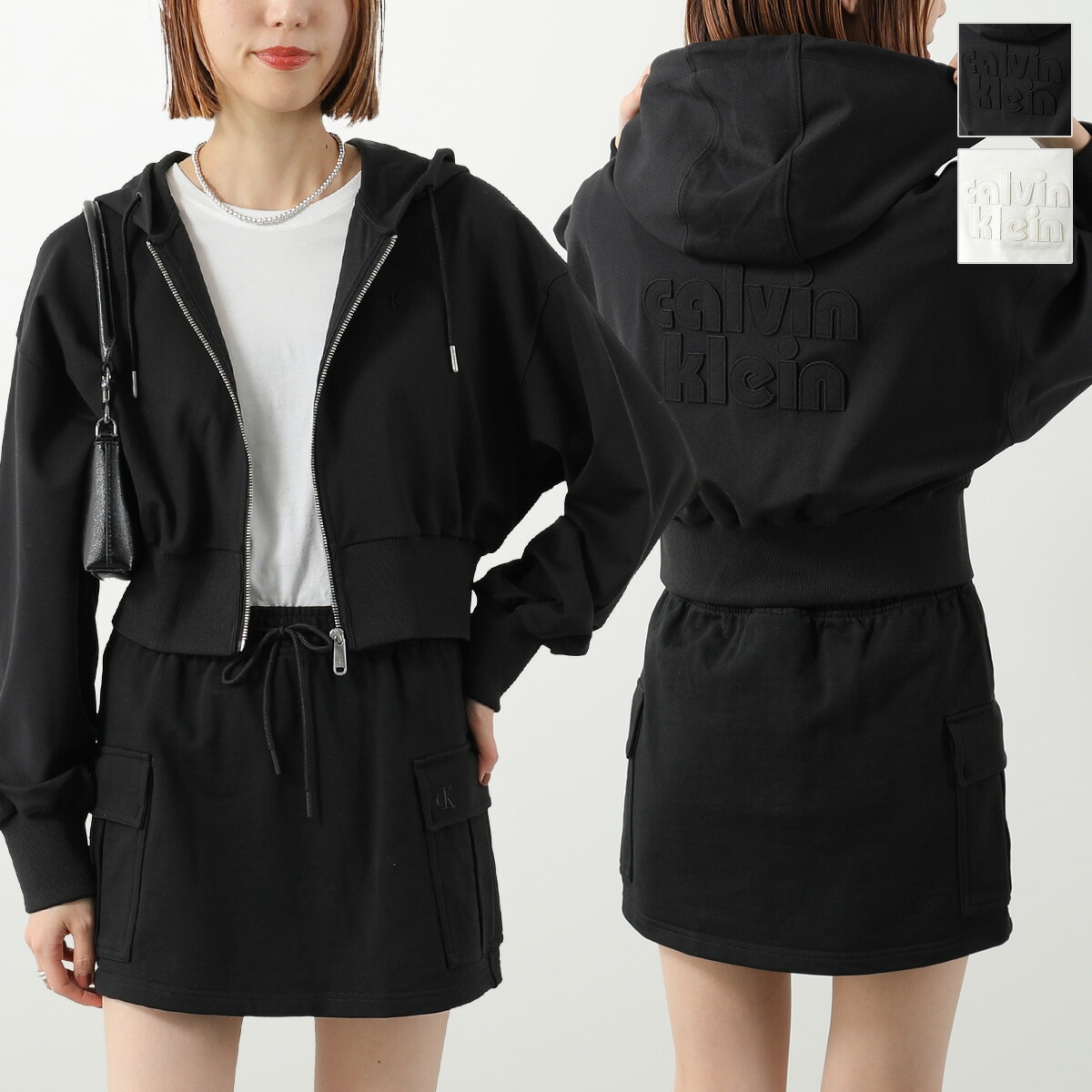 Calvin Klein カルバンクライン パーカー 47C247G レディース ジップアップ スウェット ロゴ刺繍 ストレッチ 長袖 クロップド丈 カラー2色