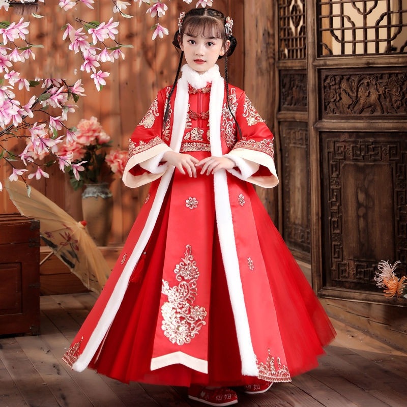 【急速出荷!】子供服ワンピース女の子子供服赤い祝日新年服漢服お祝い刺繍プレゼント誕生日プレゼント冬服