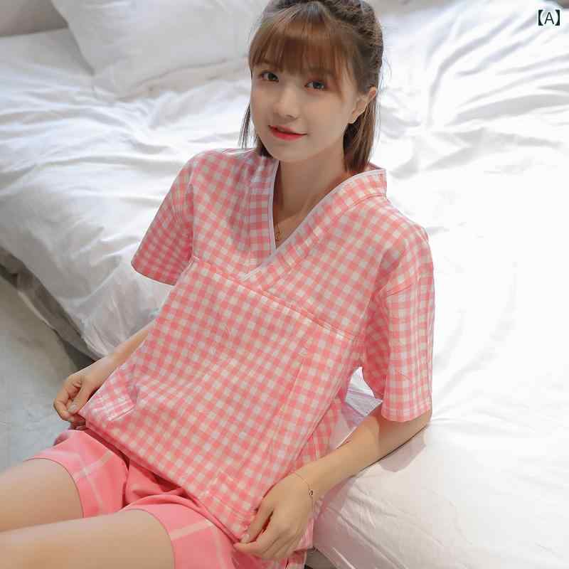 サウナ服 パジャマ ルームウェア レディース メンズ コットン 韓国 ギンガムチェック マッサージ 入浴 大きいサイズ ピンク ブルー