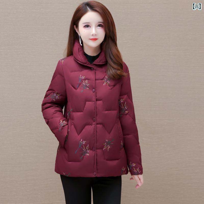 レディース ダウンジャケット 母 プリント 大型 ホワイトダックダウン ジャケット 女性 厚手 暖かい ショート 快適