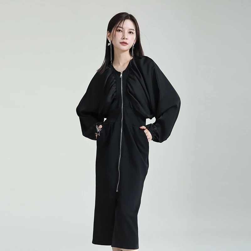 【J.Fashion】 春 ファスナーワンピース 膝上ロング丈 スリット 薄手 ドッキング ジップワンピース レディースロングワンピース 体型カバー 日焼け止め メガ割30%までに制限 5,665円