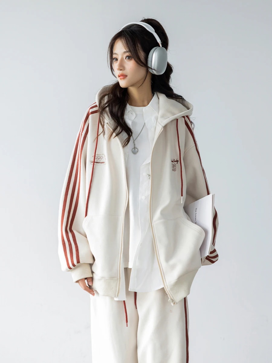 人気 秋冬 2点セット トップスパーカー フード付き チャック韓国羽織り ショート丈 フルパーカー ルーズ サイド上下ボトムス ストレート系冬 ゆったりサイズワイドシルエットリラックストラック