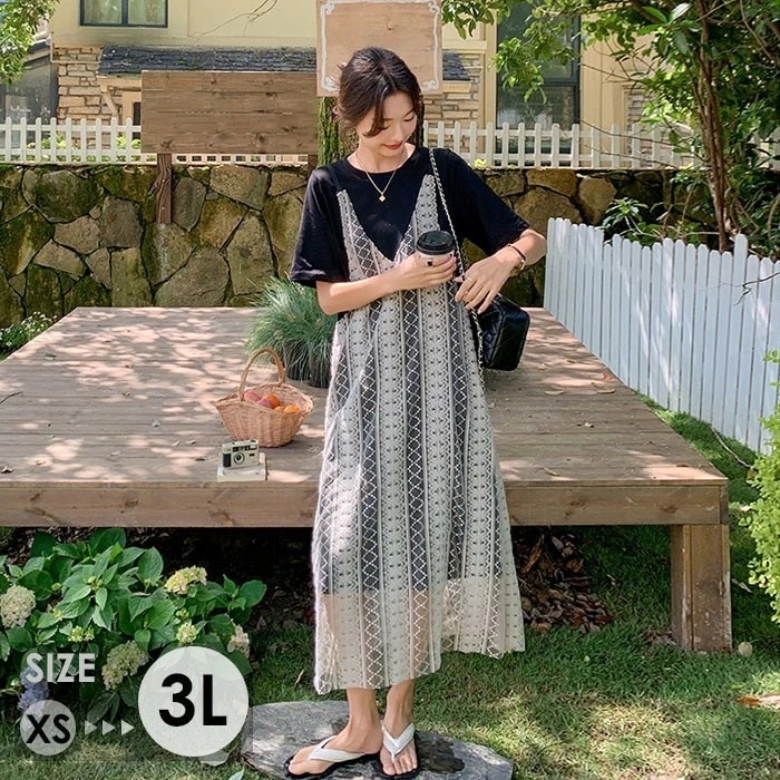 ワンピース フェイクインナー 偽キャミワンピ ロング 大人可愛い 夏ワンピース 夏 リゾートワンピ 小柄 レディース ゆるワンピ 体型カバー 大人 シンプル カジュアル おしゃれ 無地 20代 30代