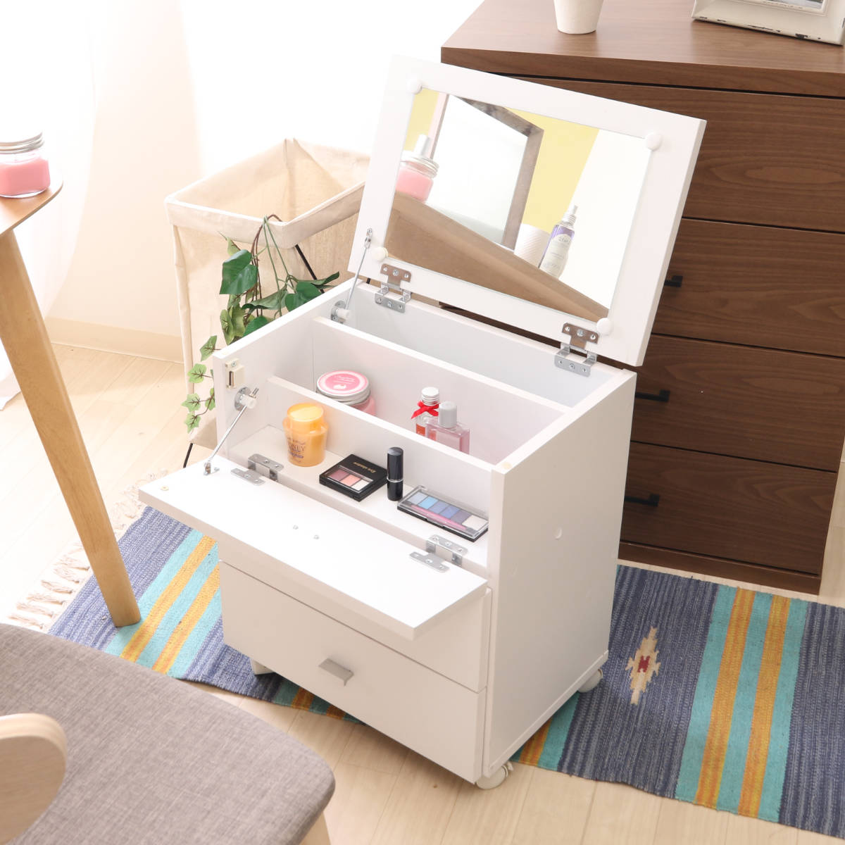 ドレッサー 幅45cm コスメボックス 完成品 コスメ 化粧品 収納 ミラー キャスター コスメワゴン 引き出し 鏡付き 大容量 コンパクト メイクボックス ワゴン 白