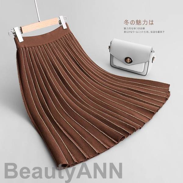 新生活 プリーツスカート ニットスカート レディース ウエストゴム ミディアム丈 キラキラ aラインスカート 秋冬物 おしゃれ プレゼント ギフト