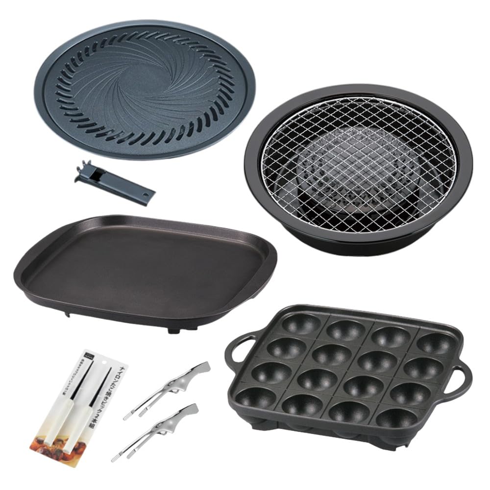 イワタニ カセットこんろ用 純正プレート 焼き肉 たこ焼 網焼き 鉄板焼き プレート4種 トング たこ焼きピック 計6点セット ブラック
