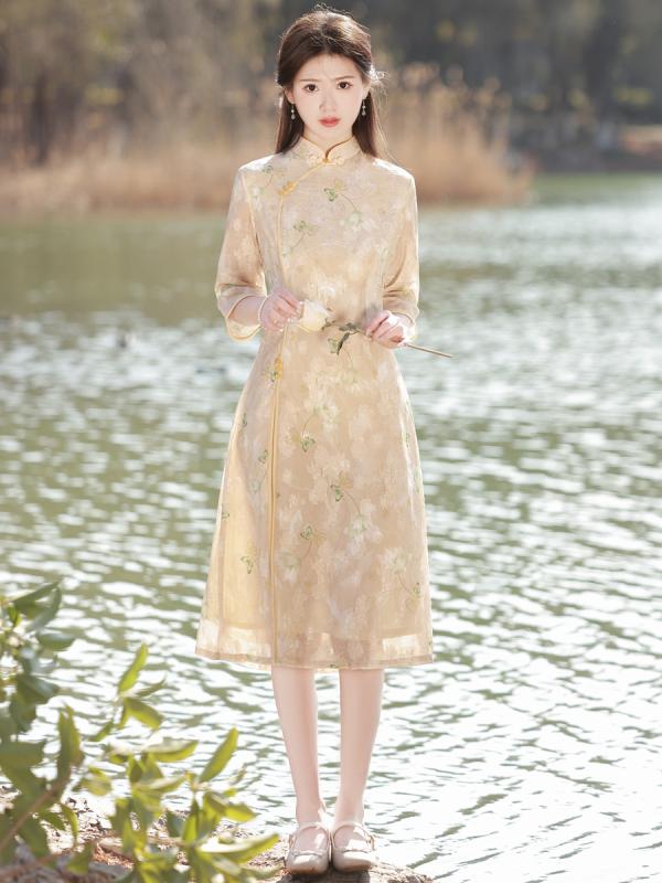 アオザイ チャイナドレス 夏 レディース ワンピース エレガント ロング丈 日常 普段着 イエロー グリーン ブルー