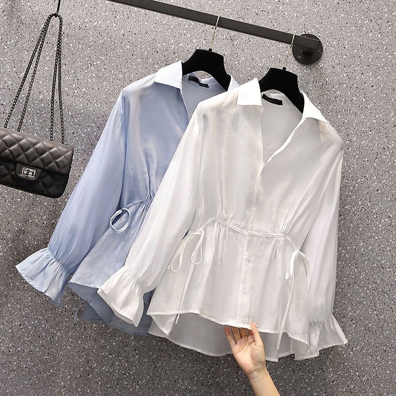 トップス シャツ ブラウス 白シャツ 白トップス 袖あり 長袖 フレアスリーブ 襟付き ウエストマーク 無地 春 夏 20代 個性的 ホワイト ブルー M L XL 2XL 3XL 4XL