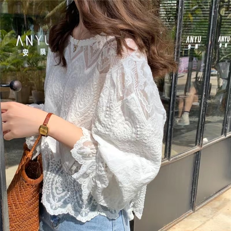 トップス ブラウス レギュラー丈 長袖 ラウンドネック レース レディース 個性的 カジュアル 上品 お洒落 大人 女子 こなれ感 ラブリー キュート ガーリー ルーズ 10代 20代 デート