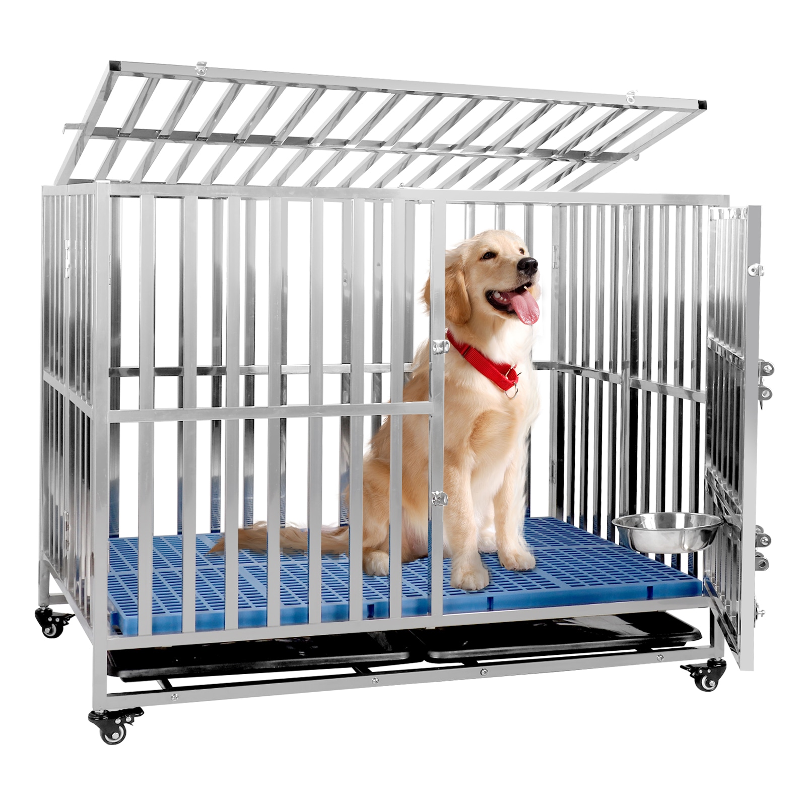 犬 ケージ 犬用ケージ ステンレス鋼製 キャスター付き 耐荷重250KG 折り畳み可能 ドア/トレー/マット/給餌器付き 脱走防止 犬小屋 ペットかご 屋根付き 組立簡単 頑丈110*72*92cm