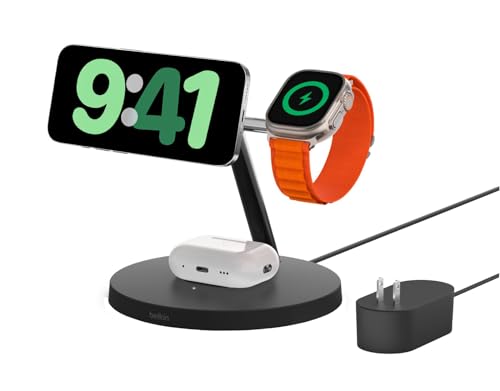 Belkin 3 in 1 MagSafe充電器 最大15W高速充電 ワイヤレス充電器 MagSafe公式認証 i Phone 15 / 14 / 13 / 12 Apple Watch 8/7/Ul