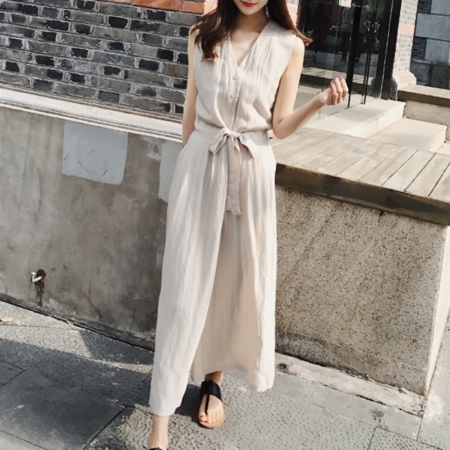 今季トレンド オールインワン Vネック ノースリーブ ガウチョパンツ ウエストリボン シンプル fh0173