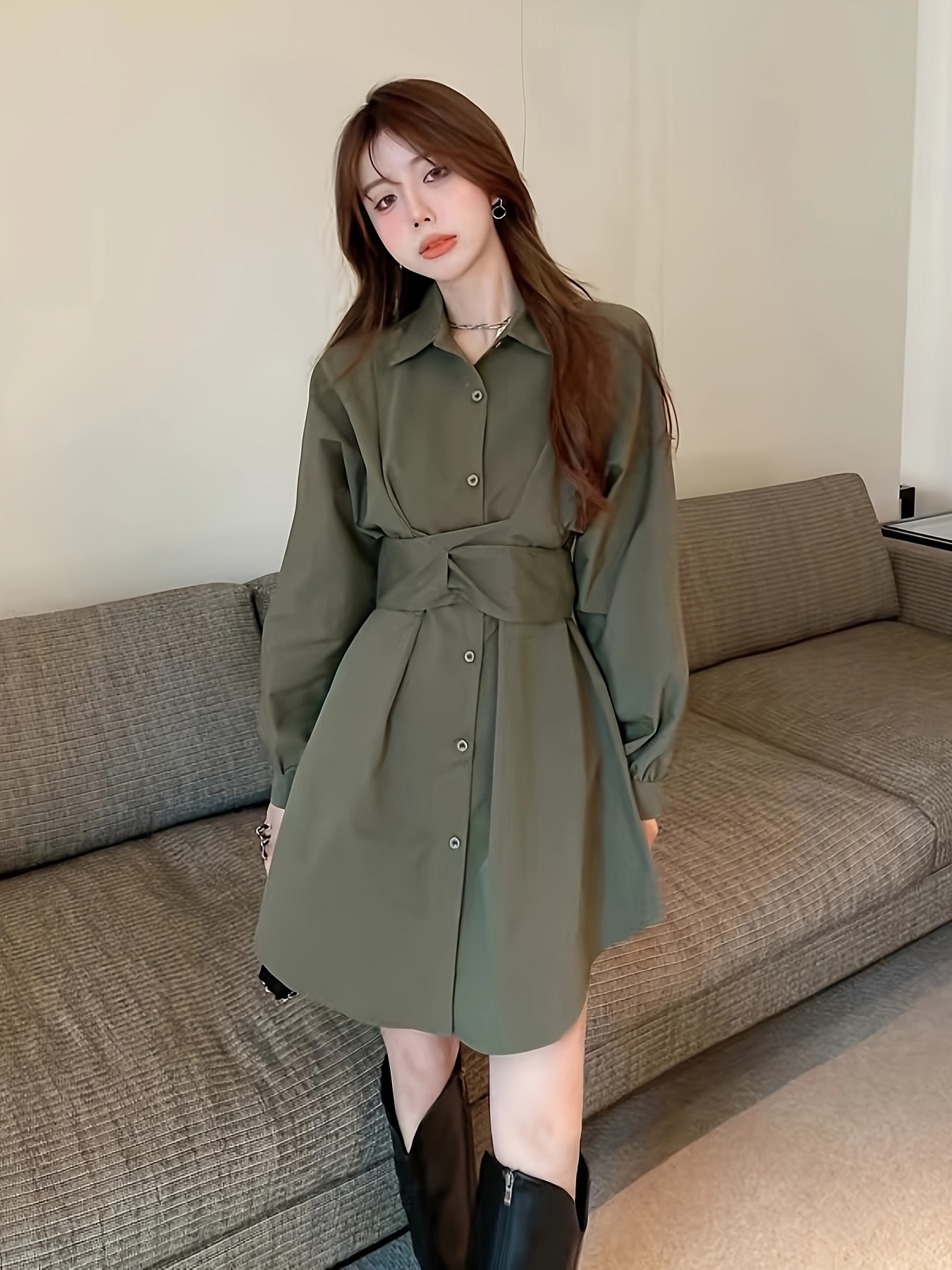 無地カラー クロス タイバック ドレスエレガントな 長袖 シングルブレスト ドレス 春秋用レディース服