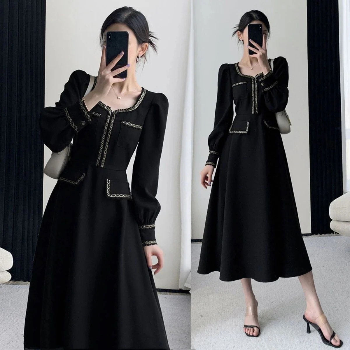 韓国ファッション 春秋 小香風 フェイクレイヤード 高級感 大きいサイズ ニット ワンピース 長袖 気質 ロング ワンピース30%制限