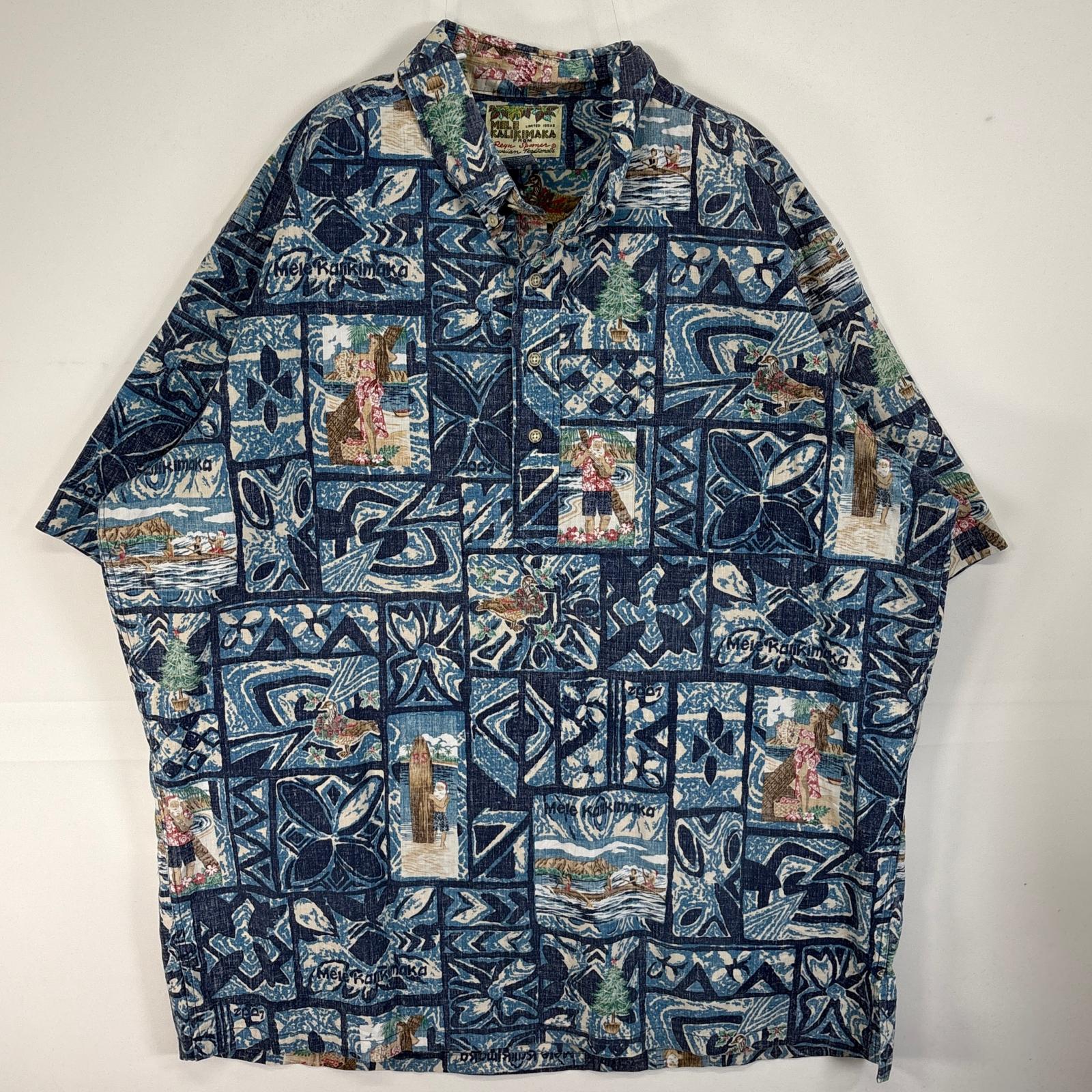 古着 半袖シャツ グランパ サンタ クリスマス ハワイ製 XXL ブルー系 総柄 メンズ