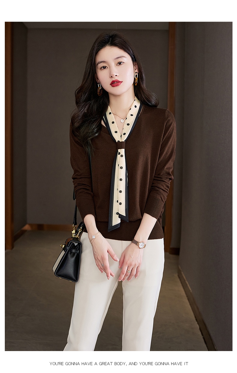 春 ライト スタイル Vネック 水玉リボン ショート ゆったり ボトムス セーター 長袖 レディース トップス ブラウン ベージュ ブラック M L XL XXL トップス 袖あり かわいい