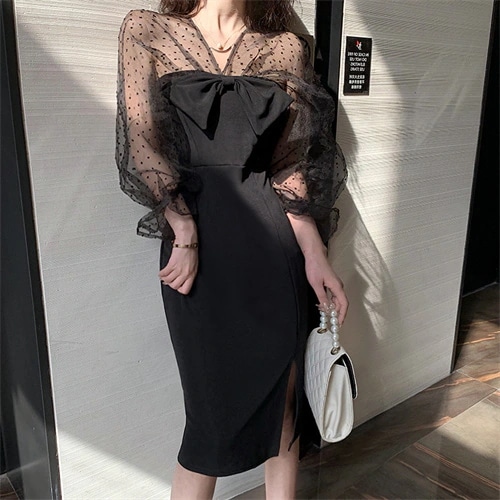 パーティードレス 黒 袖あり 結婚式 お呼ばれ ドレス 韓国 長袖 シースルー ワンピース 切り替え リボン タイトワンピース 膝丈 スリット