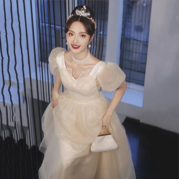 韓国風 プリンセスライン 結婚式 半袖 ロング丈ワンピース 高級感 パーティードレス Aラインドレス 宴会ドレス ステージ 衣装 ロングドレス 洋服 花嫁の介添え人 ドレス 忘年会 お嬢様 演奏会 着