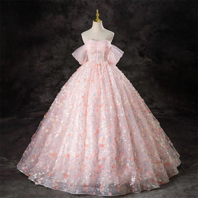 カラードレス ロングドレス パーティードレス ピンク 花柄 総柄 オフショル ウェディングドレス ウエディングドレス 結婚式 二次会 花嫁 前撮り 演奏会 発表会 オフショルダー 披露宴 ブライダル