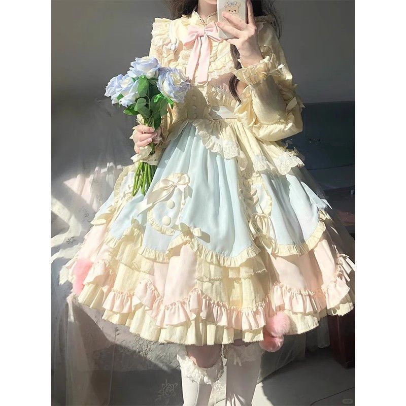 【3日出荷】 パステルブルーピンク 可愛い 甘い ロリータ 長袖 ショート丈 OPワンピース ふんわり プリンセス ドレス 2026新作