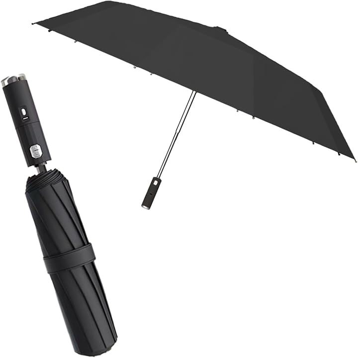 日傘 折り畳み傘 扇風機付き ファン 10本骨 UVカット 紫外線 日焼け止め 雨傘 遮光 送風 自動開閉 冷却 撥水(ブラック)