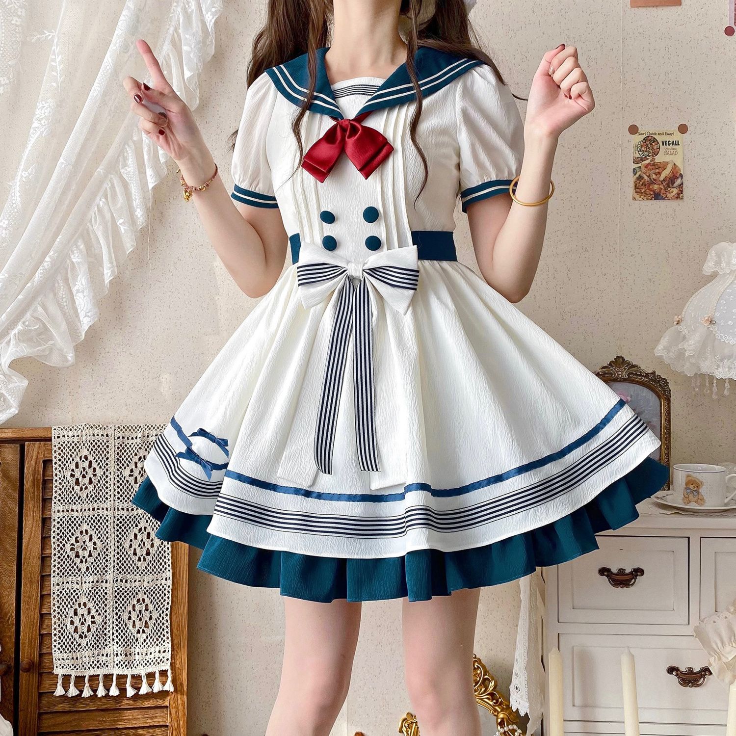 【急速出荷!】白茶物語オリジナルデザインリトルマリン半袖opキュートなセーラーカラーサマーワンピースlolitaスカートメイド服 6,634円