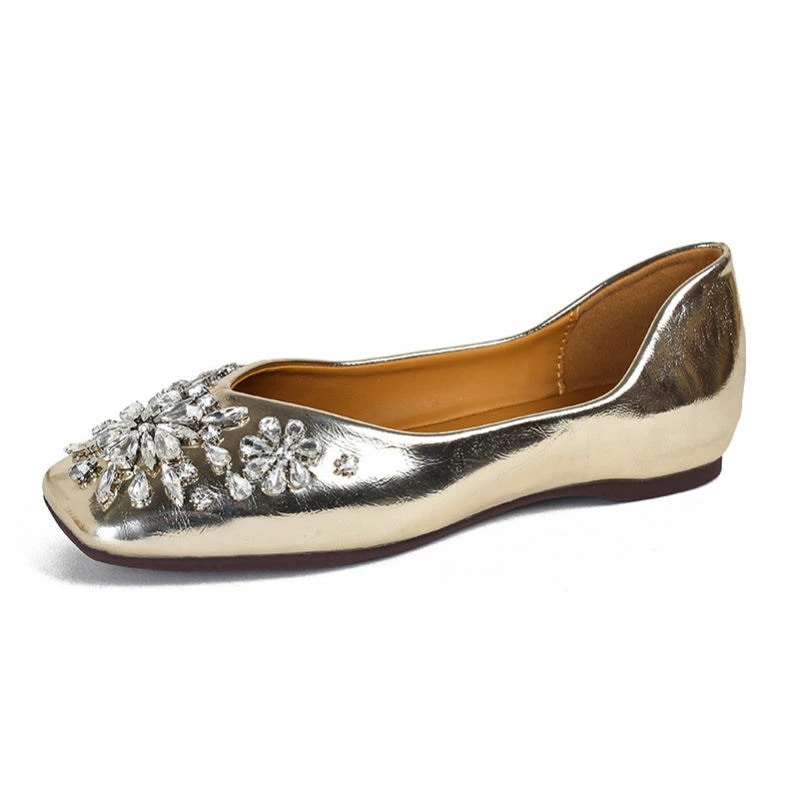 1000円OFFクーポン レディース ローヒール スクエアトゥ フラットシューズ ぺたんこ 靴 パンプス キラキラ ビジュー おしゃれ 歩きやすい シューズ グリッター 靴 大きいサイズ 痛くない ロ