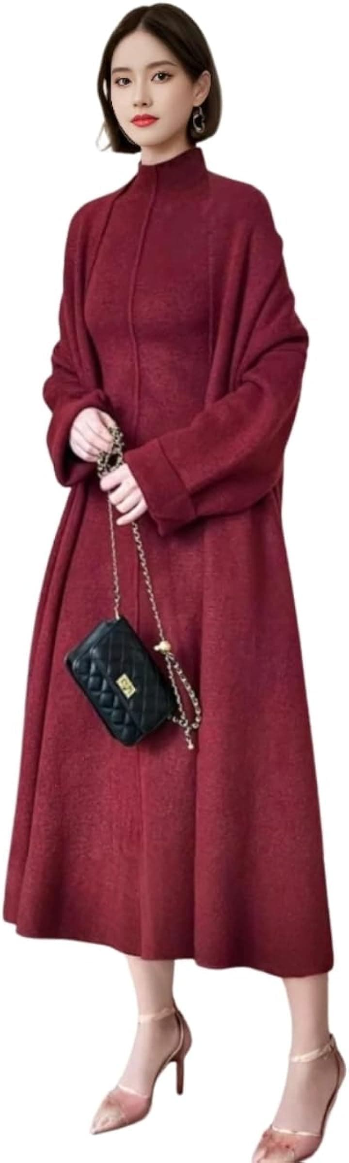 ブルーベリル ニット セットアップ ワンピース ロングカーディガン ハイネック ノースリーブ 縦ライン ロング丈 しっかり素材 2点セット BB094-RD-S (レッド, S)