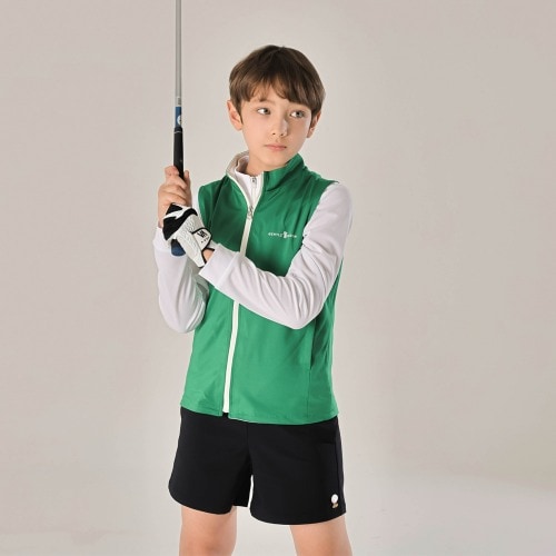 Kids / Junior golf 両面 (グリーン / ホワイト) ジップアップ スパン ベスト - 春秋季節の変わり目