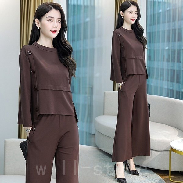 セットアップレディース春秋40代代コーデカジュアル長袖トップスブラウスガウチョパンツ大きいサイズ韓国風おしゃれ着痩せ通勤上品ol新品