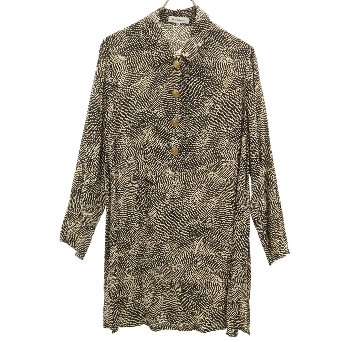 90s オールド 総柄 長袖 ハーフボタン 膝丈ワンピース 36 ブラック系 レディース 古着 17,600円