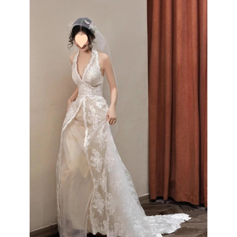 花嫁 結婚式 モーニングガウン 晩餐会 誕生日 パーティー 韓国風 レース 軽ウェディングドレス ストラップレスドレス