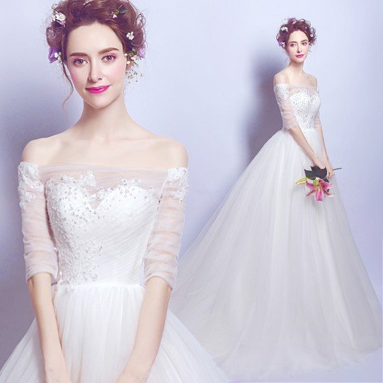 ウエディングドレス 袖付き 花嫁 ドレス 結婚式 二次会 ウェディングドレス 安い プリンセス エンパイア 白 披露宴 ロングドレス ブライダル シンプルドレス