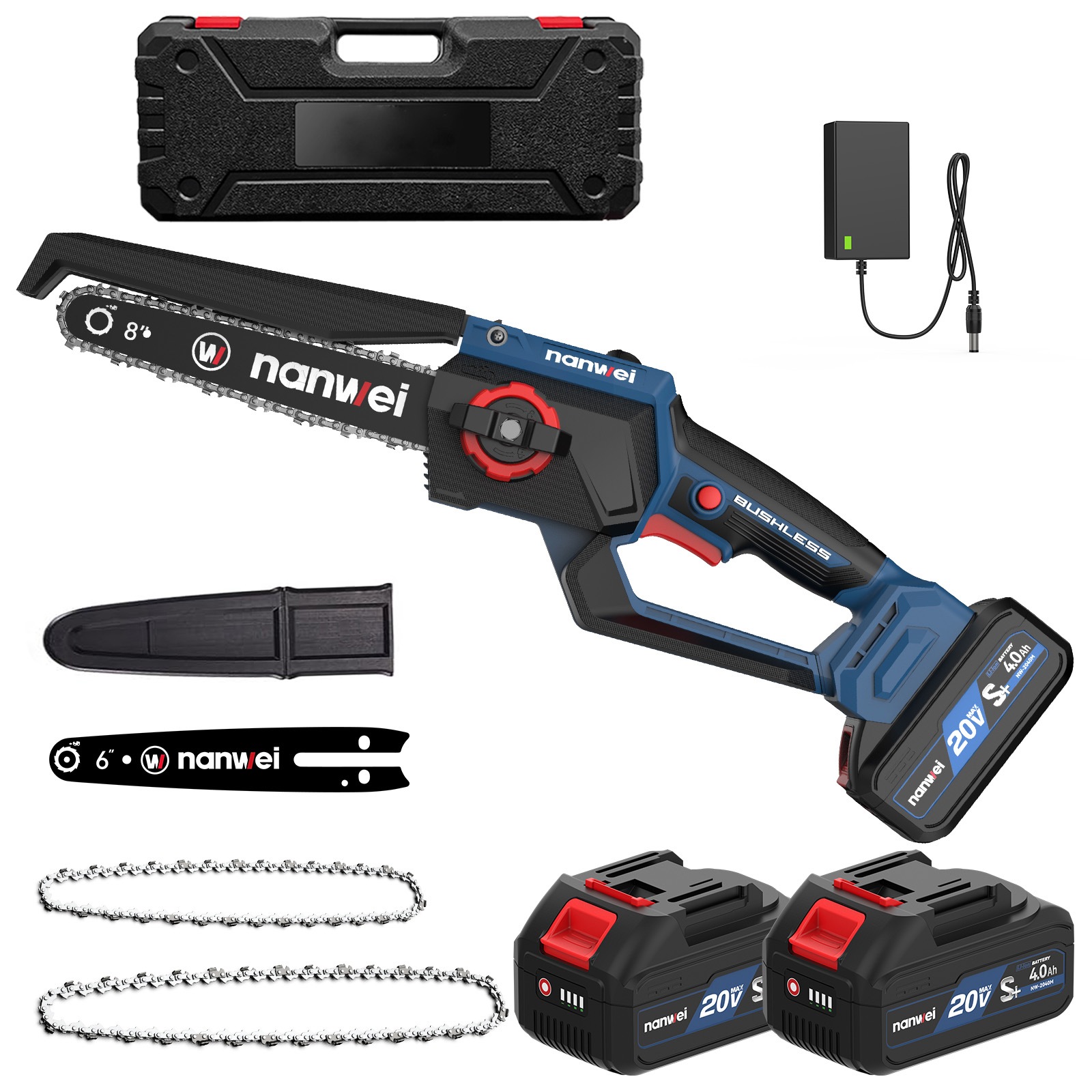 チェーンソー充電式 8インチ マキタ18Vバッテリー対応 【電池セット】 4.0Ahバッテリー2個 ポンプ押し給油式 工具レス調整 ブラシレスモーター 電動のこぎり 6インチ小型チェーンソー