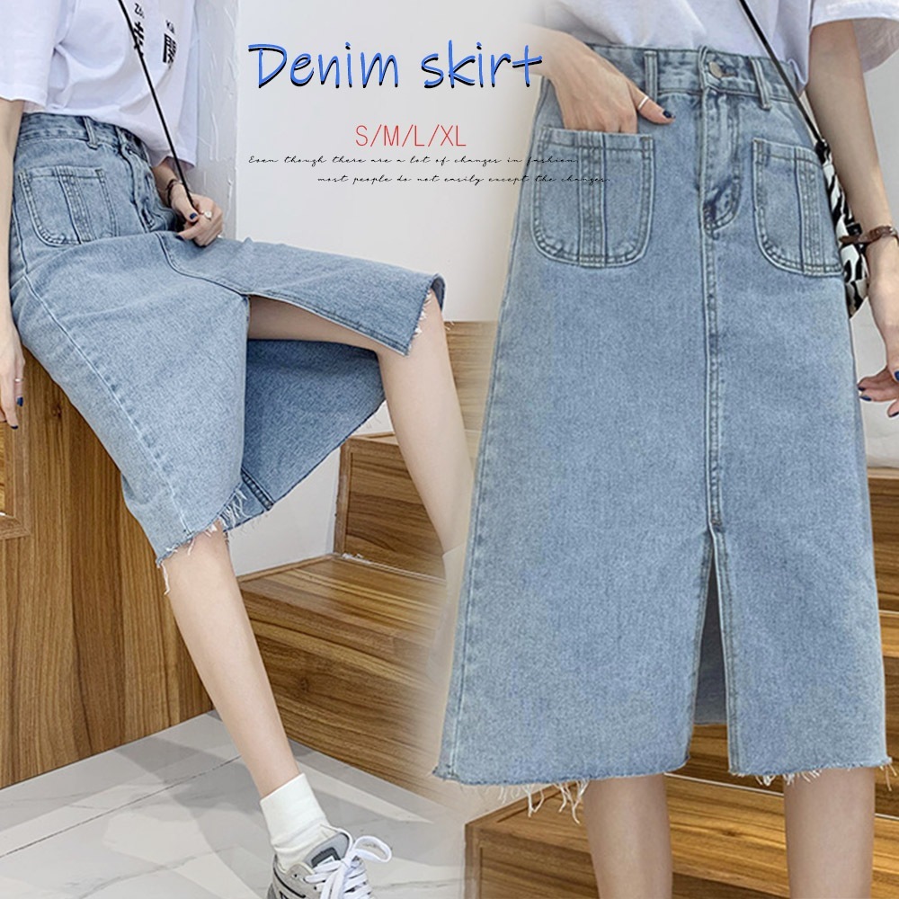 国内即納 デニムスカート Aライン 裾フリンジ レディース スリット ボトムス 膝下丈 カジュアル