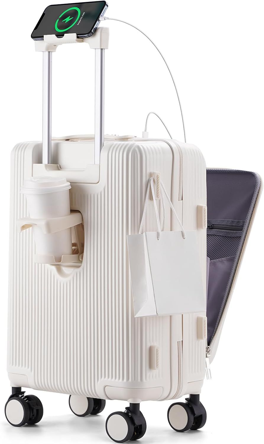 前開きキャリーケース スーツケース機内持ち込み 耐衝撃 超軽量 USBポート付き Mサイズ 大容量 4-7泊 旅行 ビジネス 出張 ホワイト