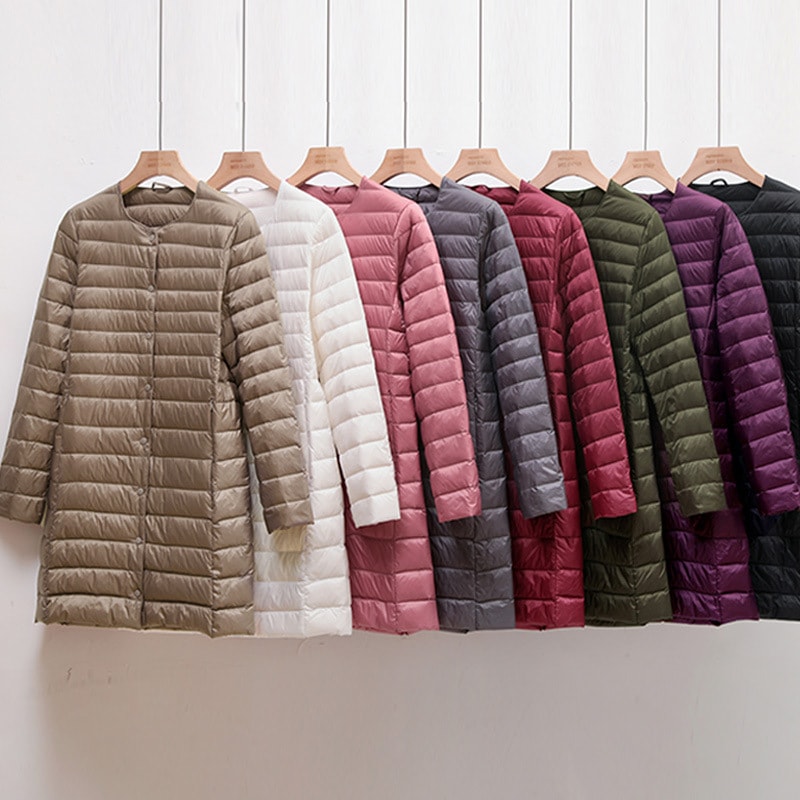 クロスボーダーの大きいサイズの軽量ダウンジャケットレディースミドル丈秋冬新作ラウンドネックジャケット襟なしVネックの裏地変更可能