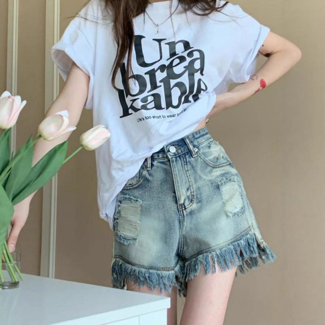 【1点ご購入 で10点プレゼントいたします】破れデニムパンツ女薄手レトロハイウエストゆったりワイド脚旧フリンジパンツ夏