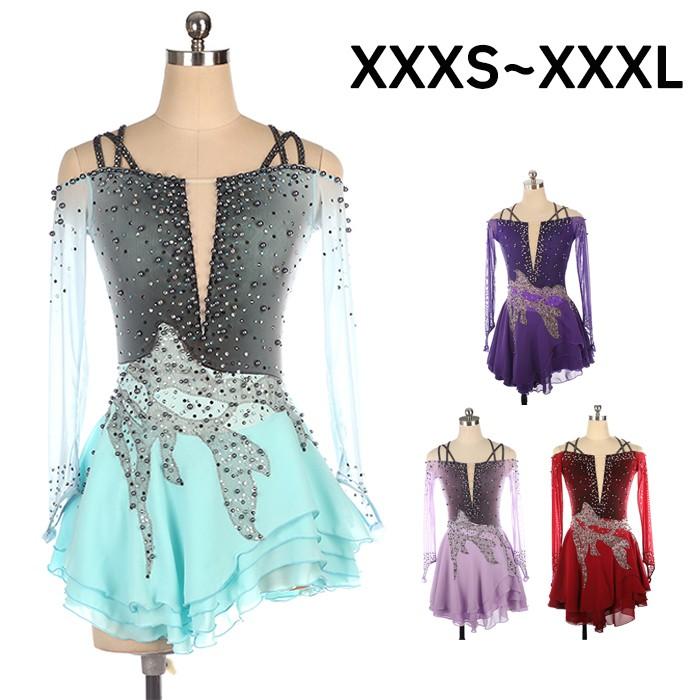 (WJ Fashion)フィギュアスケート ドレス 女の子 レディース コンクール 衣装 競技用 演出服 レッスン着 ガール 長袖 レオタード スカート ストレッチ キラキラ 3XS-4L