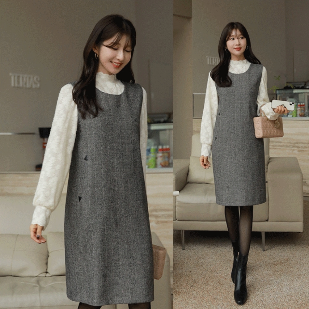 Click & Funny [50% ウール] ディナーヘリンボーンドレス [無料 (55-66)L (77)]