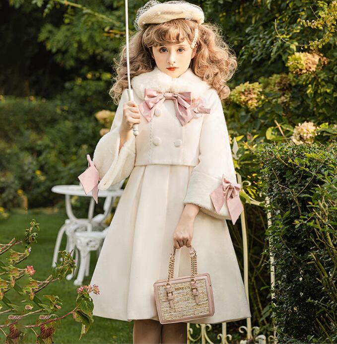 秋冬 チェスタードレス レディース 冬ワンピース 厚手 ロリータワンピース フレア袖 lolita チェスターコート風 ドレス 膝丈 厚手 ラシャドレス 可愛いリボン付き ファーのカラー