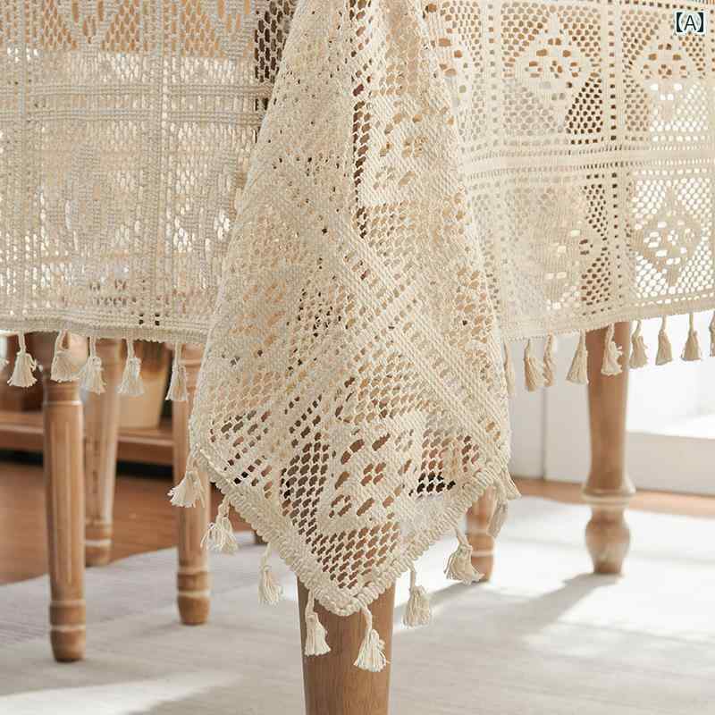レース編み テーブルクロス レトロ アメリカン カントリー クロシェ メッシュ 四角形 タッセル ダイニング リビング 食卓 チェスト カバー 防塵 シンプル おしゃれ アイボリー 菱形模様