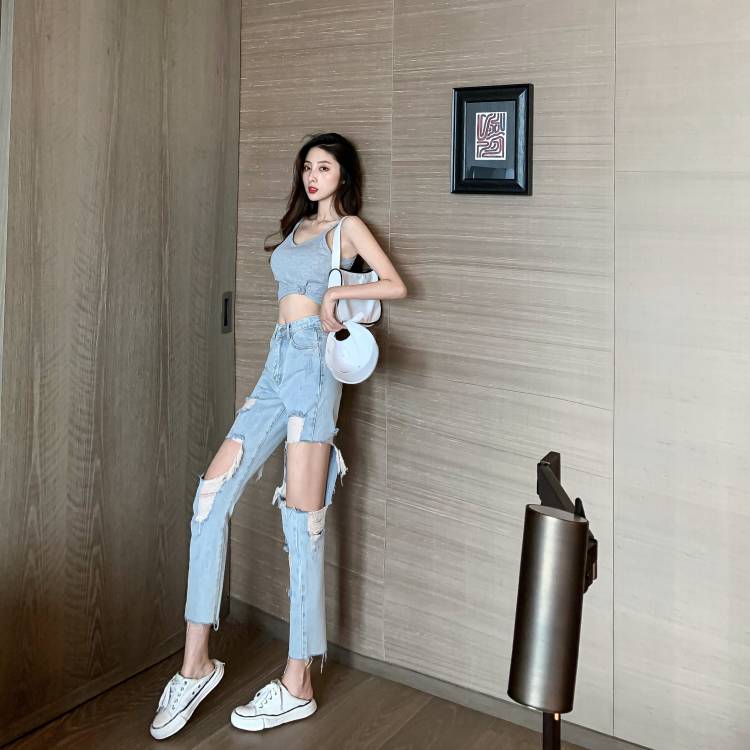 レディース ダメージ デニム ボトムス パンツ ストレート Iライン ポケット ブルー ジーンズ ハイウエスト 切りっぱなし かわいい カジュアル おしゃれ お洒落 大人可愛い 大人女子 こなれ感