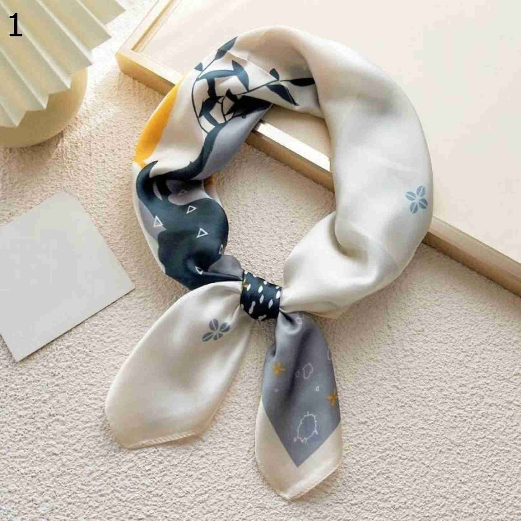 【20%OFFクーポン～】女性用多機能ポリエステルスカーフカジュアルサテンスモールスクエアラップスカーフショールエレガントパターンヘアバンド スカーフ (Color : Light grey Si