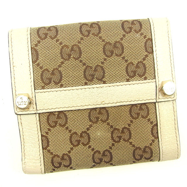Wホック財布 二つ折り財布 ＧＧキャンバス ベージュ ブラウン ホワイト系 中古