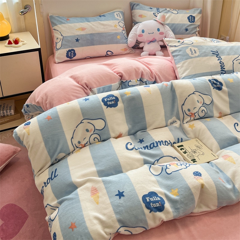 冬用厚手プリントミルクベルベット4点ベッドシーツとキルトカバードミトリー寝具3点セット