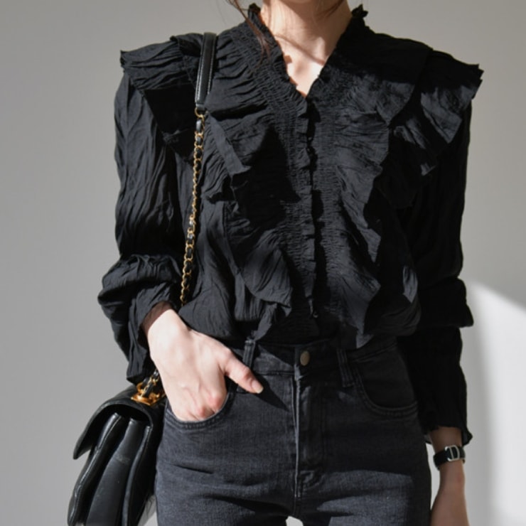 レディース トップス シャツ ブラウス フリルデザイン フリルシャツ プリーツフリル 前開き 長袖 フリル袖 Vネック フェミニン プリーツ フリル ふわふわ かわいい 大人可愛い きれいめ シンプル